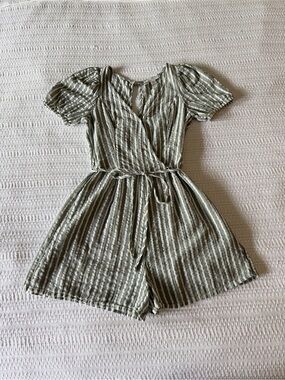 American Eagle Striped Cotton-Linen Wrap Front Romper